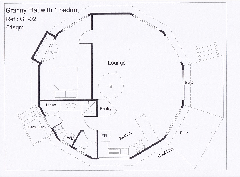 A 9M diameter core Yurt with one bedroom within and a large kitchen, dining, lounge and a good sized bathroom with laundry.